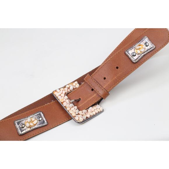 Vintage Express Brown Leather Belt Rock Studded Stone Embellished Buckle Size S main image 7